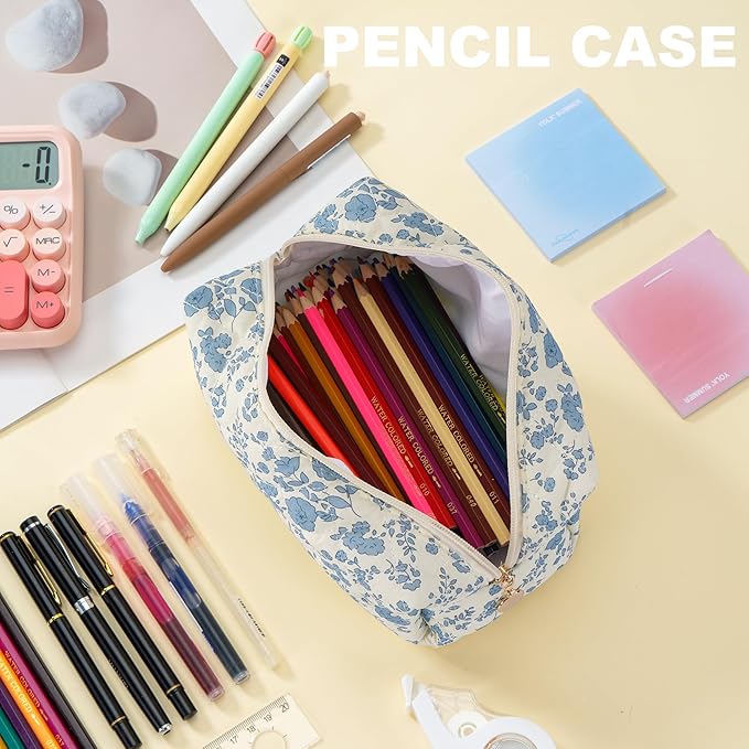 Makeup Bag Travel Toiletry Bag for Women, Small Cosmetic Bags Cute Quilted Cotton Makeup Pouch for Purse Emergency Bag for School Floral Pencil Case Accessory Bag, Blue
