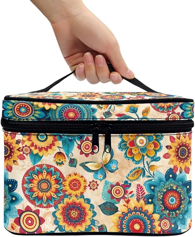 Boho Style Mandala Butterfly Pattern Travel Makeup Bags for Women Portable Tote Cosmetic Case with Carry Handle Toiletry Accessories Storage Organizer Bags