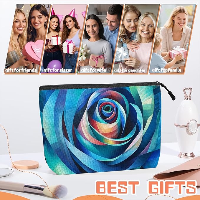 Cosmetic Bags Travel Makeup Toilet Case Waterproof Pouch for Women Girls 6.7X9.45inches - Blue - Toned Abstract Rose - Like Spiral