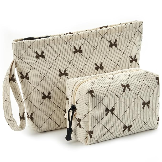 Makeup bag set small Cosmetic bag for women purse Corduroy Organizer with interior Pockets,cute Pencil zipper Pouch travel Toiletry Bag with handle(Beige Bowknot)