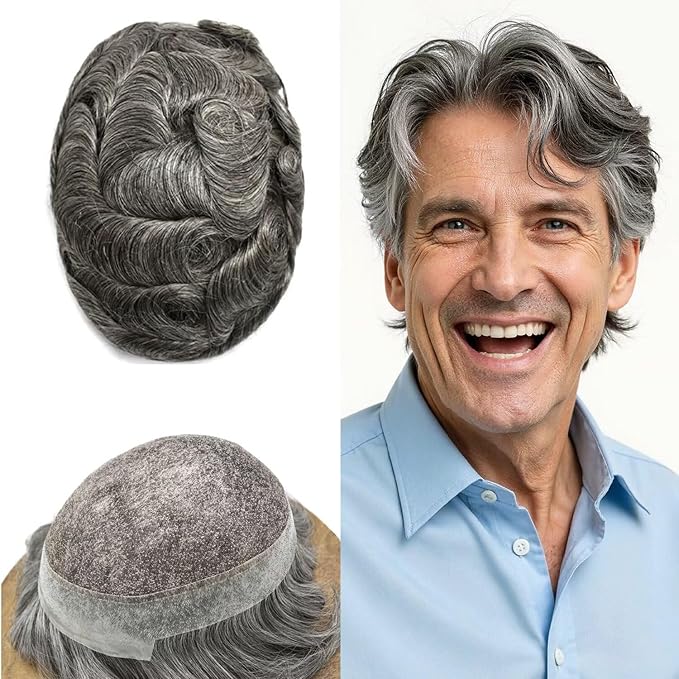 FACE MIRACLE Toupee for Men French Lace Mens Toupee Human Hair Replacement System Thin Skin Around Man Hairpieces V-Looped PU Front Hair Prosthesis 6"X9" #1B60 Off Black with 60% Gray