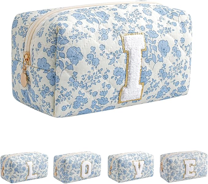 JOVAKIT Alphabet Makeup Bag Cosmetic Bag for Women, Christmas Gifts for Girls Age 6-18, Floral Flowers Coquette Travel Toiletry Zipper Make Up Pouch Organizer Trendy Stuff (Blue Floral I)