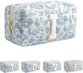 JOVAKIT Alphabet Makeup Bag Cosmetic Bag for Women, Christmas Gifts for Girls Age 6-18, Floral Flowers Coquette Travel Toiletry Zipper Make Up Pouch Organizer Trendy Stuff (Blue Floral I)