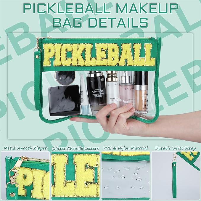 2 Pcs Pickleball Gifts Cosmetic Makeup Bag with Chenille Letter Patch, Clear Pouch PVC Organizer Purse, Waterproof Travel Bag, Portable Toiletry Storage Bag for Her Girls Friends Women