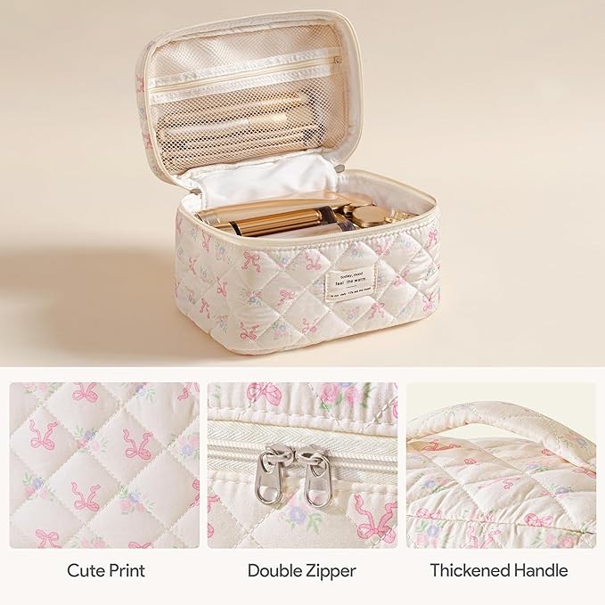 HBselect Quilted Makeup Bag, 3PCS Cotton Large Travel Makeup Bag, Cute Floral Coquette Make up Bag Cosmetic Bag Toiletry Bag for Women Girls