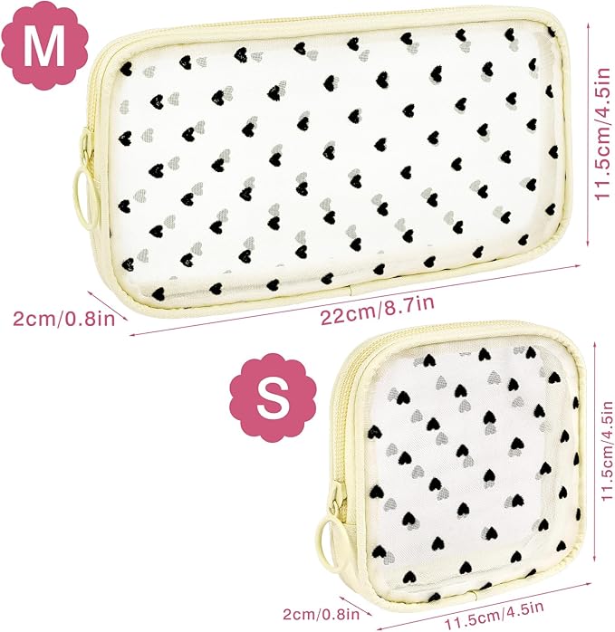 4 Pieces Mini Zipper Nylon Mesh Pouch, Mesh Cosmetic Bags Makeup Bags, Multipurpose Travel Toiletry Bags for Office Supplies and Travel Accessories (Heart Print-Beige, M)