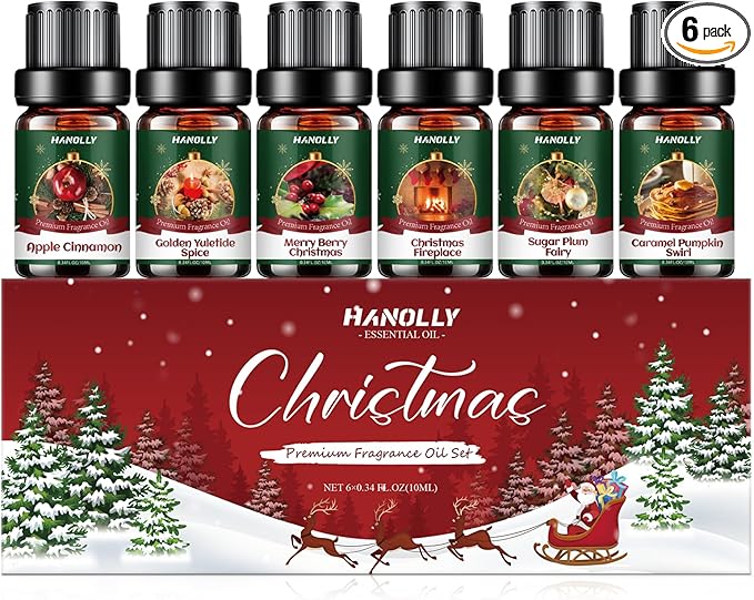 Christmas Fragrance Oil Set, 6 Premium Christmas Essential Oils for Diffuser, Candle Making - Caramel Pumpkin Swirl, Apple Cinnamon, Merry Berry Christmas, Christmas Fireplace Scented Oil Gift Set