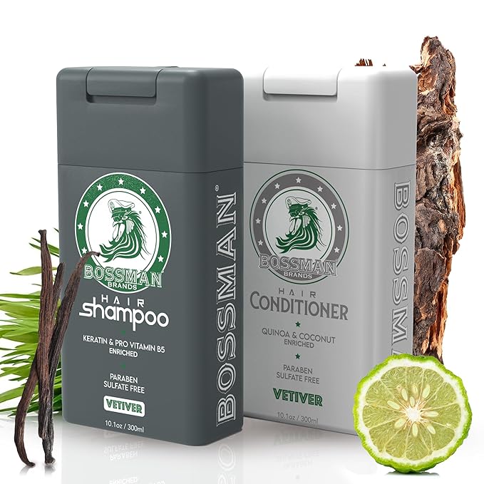 Bossman Hair Shampoo and Conditioner Combo - Hydrating, Strengthening, and Soothing Formula for Men's Hair - Paraben Free & Sulfate Free (Vetiver X) - Packaging May Vary