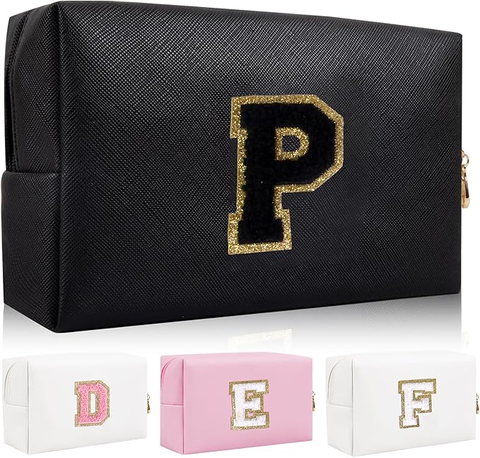 Personalized Initial Letter Patch Makeup Bag, Preppy Portable Chenille Letter Cosmetic Bag with Zipper, PU Leather Waterproof Travel Toiletry Bag Monogram Make Up Pouch for Women Girls(Letter P)