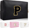 Personalized Initial Letter Patch Makeup Bag, Preppy Portable Chenille Letter Cosmetic Bag with Zipper, PU Leather Waterproof Travel Toiletry Bag Monogram Make Up Pouch for Women Girls(Letter P)