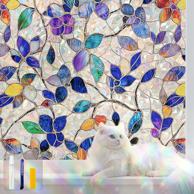 Stained Glass Window Privacy Film Decorative Rainbow Static Clings – Ideal for Home & Office, Adhesive-Free, Removable, UV-Blocking (Purple Rainbow, 23.6 X 78.7 in)