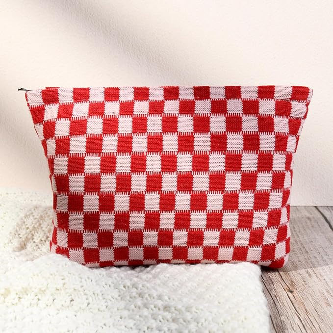SOIDRAM 2 Pcs Checkered Makeup Bag Large Cosmetic Bag Toiletry Bag Makeup Pouch Travel Bag Organizer Cute Makeup Brushes Aesthetic Accessories Storage Bag for Women Red