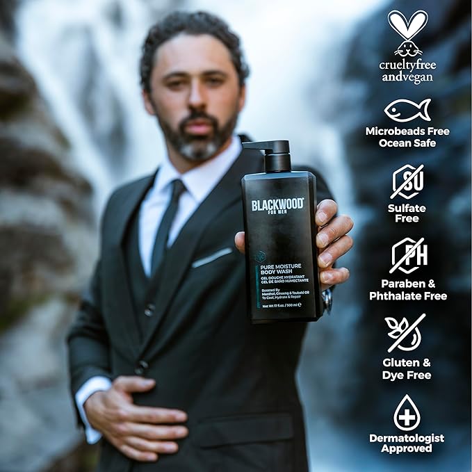 Blackwood For Men Pure Moisture Body Wash - Natural Mens Body Wash with Ginseng & Cooling Menthol - Sulfate Free Moisturizing Cleanser & Bodywash for Dry Skin or Sensitive Skin - Dye Free, Vegan, 17oz
