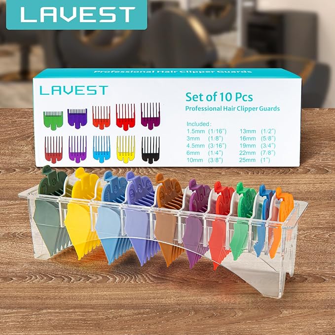 10 Professional Hair Clipper Guards Cutting Guides Compatible with Most Wahl Clippers with Organizer, Color Coded Clipper Combs Replacement - 1/16" to 1"