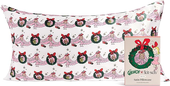 The Grinch x Kitsch Satin Pillowcase with Zipper for Hair & Skin - Softer Than Silk Pillow Cases, Smooth Cooling Pillow Cover, Wrinkle-Free, Machine Washable, King Size (19x36)- Cindy Lou