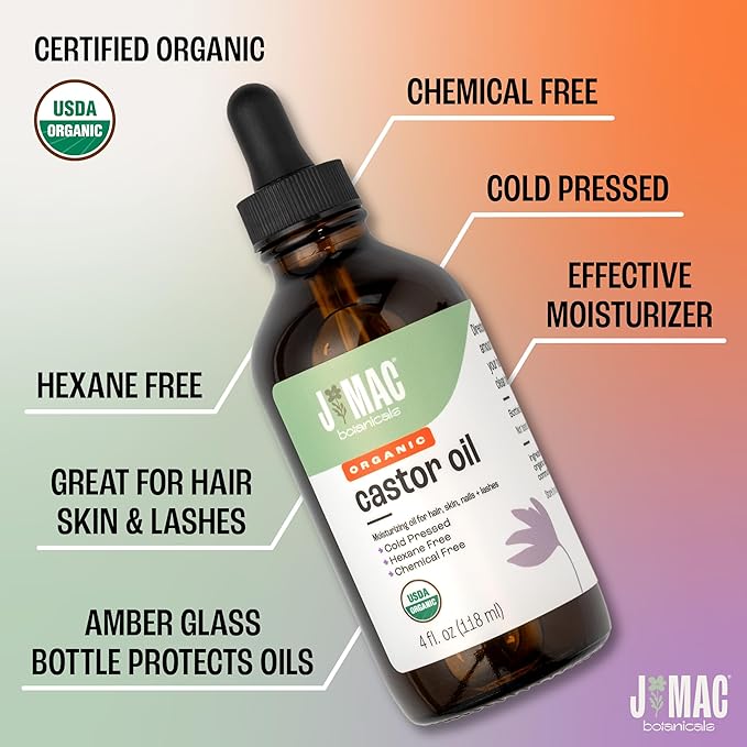 J MAC BOTANICALS Organic Castor Oil - Glass Bottle - 4 oz DROPPER