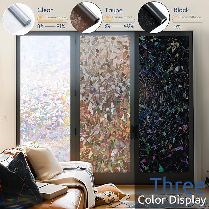 rabbitgoo Window Privacy Film Rainbow Film Decorative Window Sticker, 3D Static Stained Glass Cling Tint for Home Heat Control Non-Adhesive, Brown, 23.6 x 118.1 inches