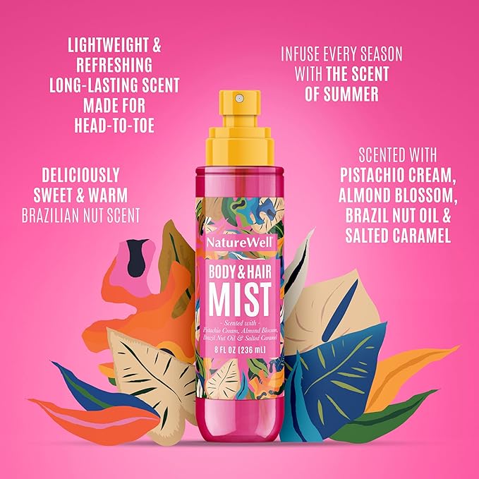 NATURE WELL Cheeky Hair & Body Mist, Lightweight Mist Made for Head-To-Toe, Deliciously Sweet & Warm Long-Lasting Brazilian Nut Scent, 8 Fl Oz (Pack of 2)