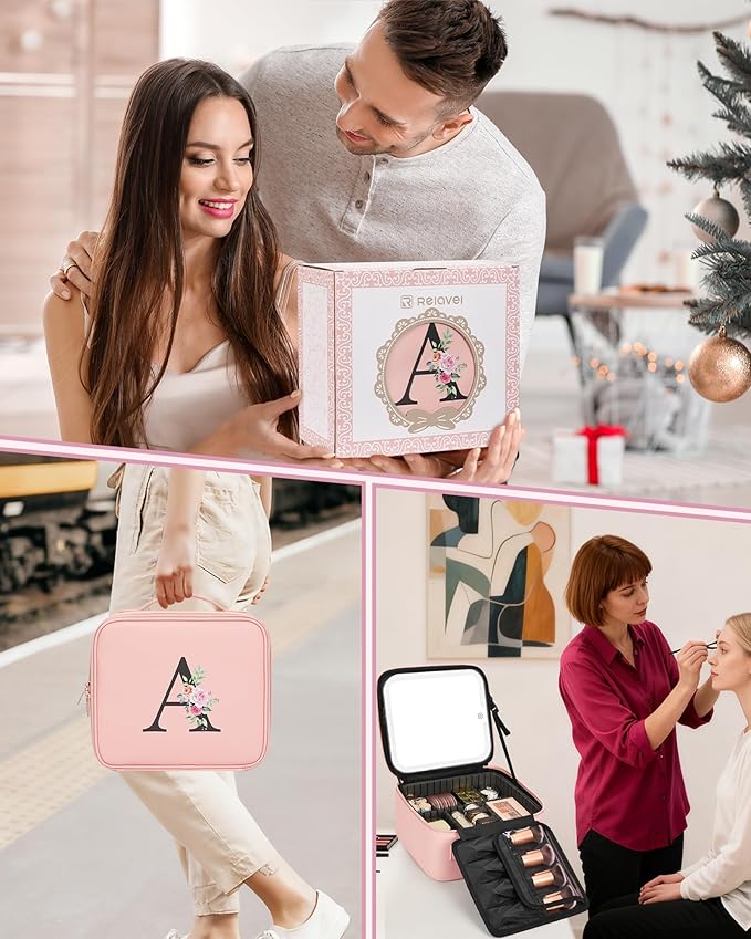Relavel Initial Makeup Bag with LED Mirror for Women Girls, Personalized Travel Cosmetic Organizer Train Case, Birthday Gifts for Grandkids Bridesmaid Graduation Teacher Friends, Trendy Stuff, Pink T