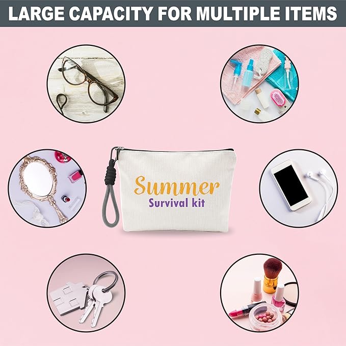 Funny Make Up Bag For Woman, Cosmetic Bag With Hand Strap- Retro Summer Survival Kit - Lined Toiletry Bag - Travel Pouch, Girl Organizer With Zipper, Women Essentials & Accessories - B06