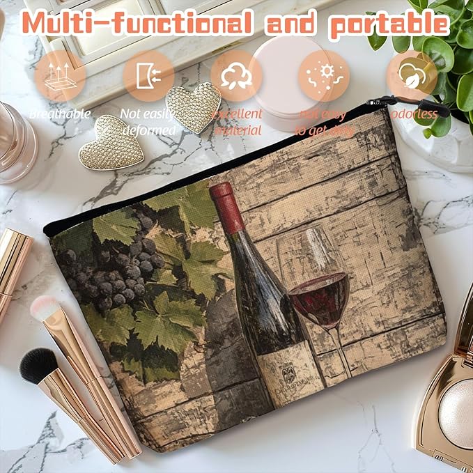 Cosmetic Bags Travel Makeup Toilet Case Waterproof Pouch for Women Girls 6.7X9.45inches - Glass And Grapes on An Aged Wooden Background