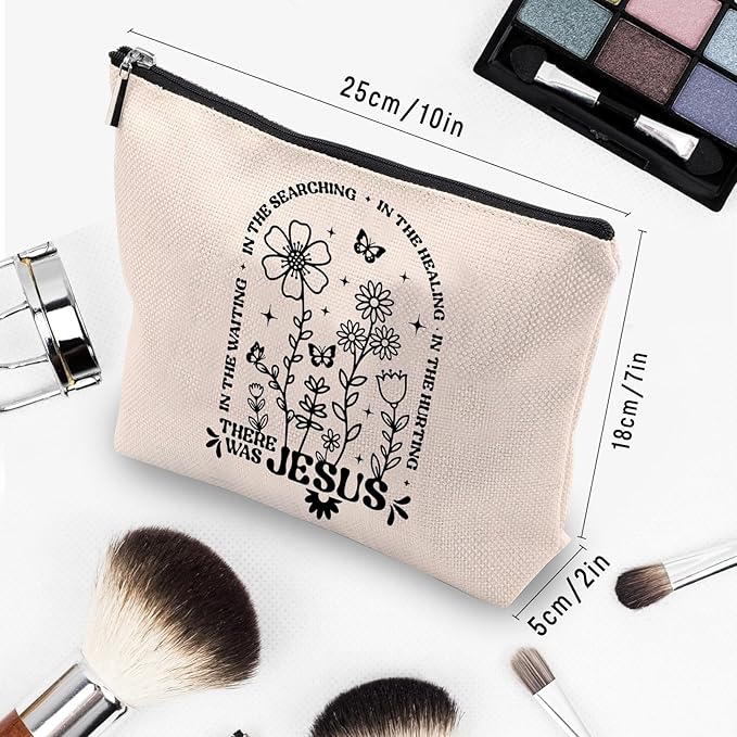Boho Floral Christian Makeup Bag, Christian Gifts for Women, Bible Stuff Prayer Supplies, There Was Jesus Cosmetic Bag Pouch