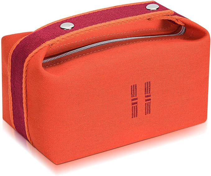 Fashion Makeup Bag for Women, Orange Red Canvas Make up Travel Bag, Hanging Cosmetic Bag Organizer for Wome