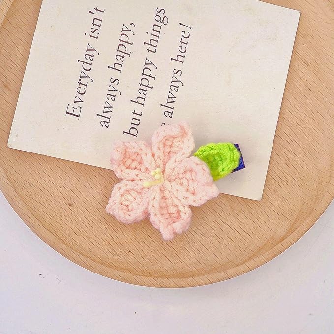 2PCS Crochet Knitting Hair Clip for Girls/Daughter, Gift for Her Birthday, Finished Handmade Wool Knitted Pink Sakura
