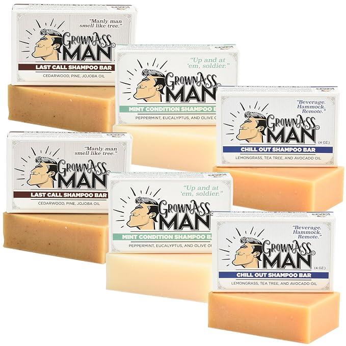 Grown Ass Man Co. - Solid Shampoo Bar Rich Lather 3 in 1: Hair, Beard & Body Wash - Plastic Free & Eco-Friendly, Natural & Organic Clean for All Hair Types, 4oz Bar (Variety, 6-Pack)