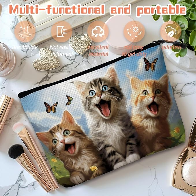 Cosmetic Bags Travel Makeup Toilet Case Waterproof Pouch for Women Girls 6.7X9.45inches - Kittens With Butterflies in A Mountain - Sky Background