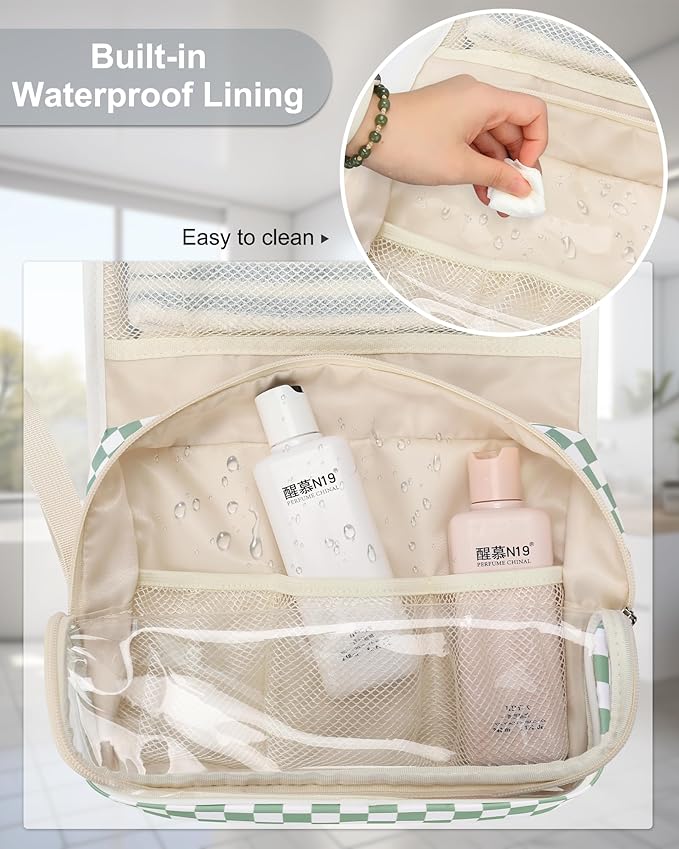 Relavel Travel Hanging Toiletry Bag for Women, Large Capacity Wash Bag with 360 degree Rotation Hanging Hook, Portable Toiletries Makeup Organizer Storage for Daily Use, Trip, Camping - Green Plaid