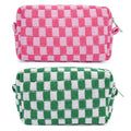 SOIDRAM 2 Pieces Makeup Bag Pouch Checkered Cosmetic Bag Pink Green, Travel Toiletry Bag Organizer Cute Makeup Brushes Storage Bag for Women
