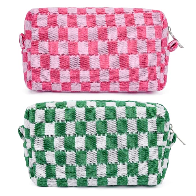 SOIDRAM 2 Pieces Makeup Bag Pouch Checkered Cosmetic Bag Pink Green, Travel Toiletry Bag Organizer Cute Makeup Brushes Storage Bag for Women