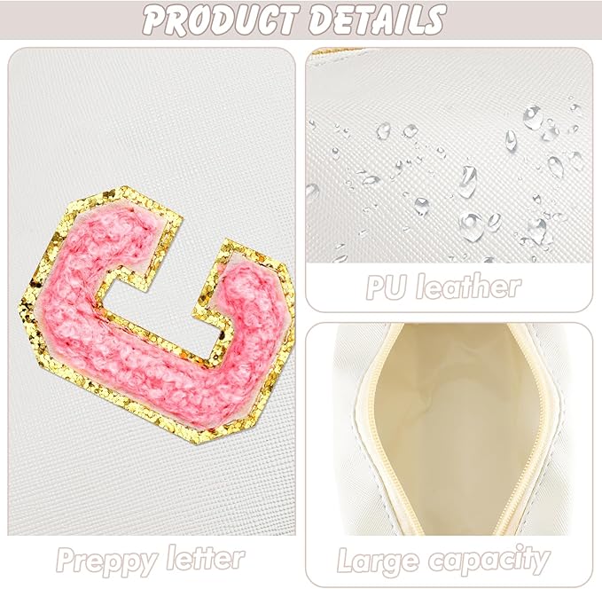 Initial Makeup Bag Personalized Preppy Travel Small Cosmetic Bag Cute PU White Chenille Letter Makeup Pouch for Purse Waterproof Zippered Toiletry Organizer for Women Girl Kid Friends(C)