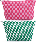 SOIDRAM 2 Pieces Makeup Bag Large Checkered Cosmetic Bag Capacity Canvas Travel Toiletry Bag Organizer Cute Makeup Brushes Aesthetic Accessories Storage Bag for Women, Checkered L Green Rose red