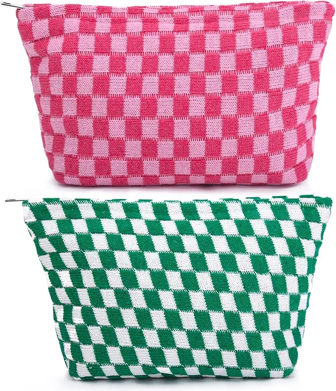 SOIDRAM 2 Pieces Makeup Bag Large Checkered Cosmetic Bag Capacity Canvas Travel Toiletry Bag Organizer Cute Makeup Brushes Aesthetic Accessories Storage Bag for Women, Checkered L Green Rose red