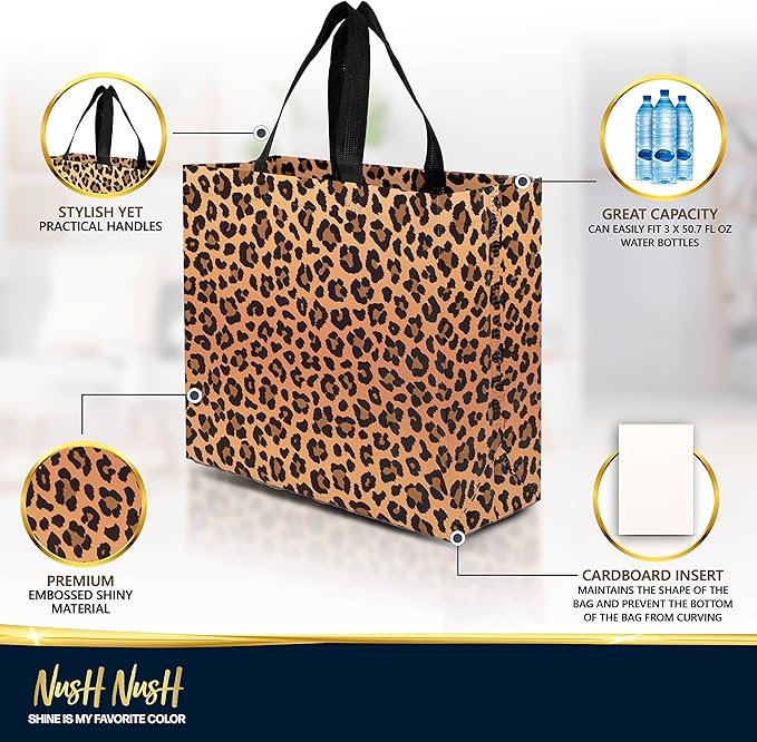 Nush Nush Large Brown Leopard Gift Bags – Set of 12 Reusable Cheetah Gift Bags With Handles - Large Goody Bag for Women, Jungle Safari Themed Party, Birthday Party Favors, Girl Parties - 11x5x13