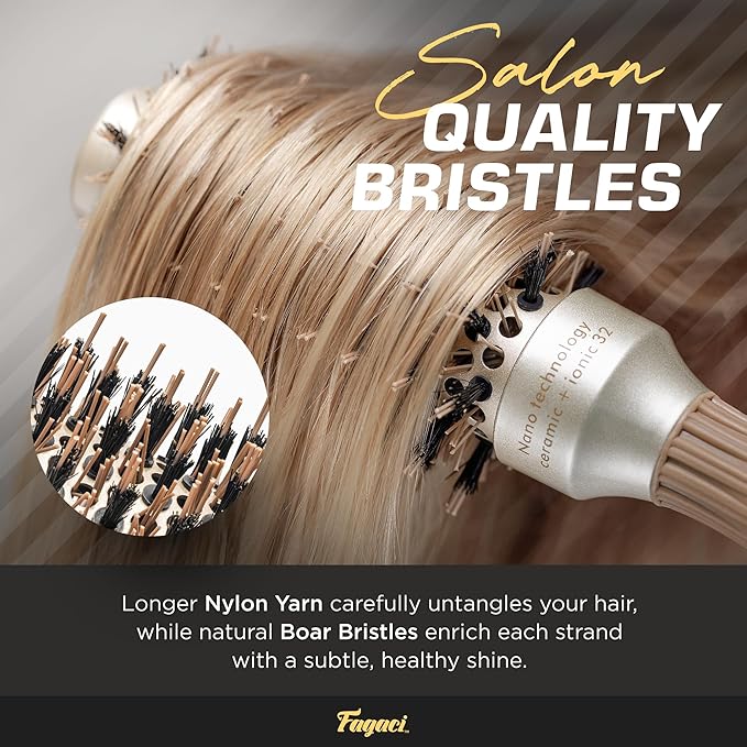Fagaci Small Round Brush for Blow Drying with Natural Boar Bristle, Hair Styling, Drying, Healthy Hair and Add Volume, Ceramic Gold, Hair Brush + 4 Styling Clips