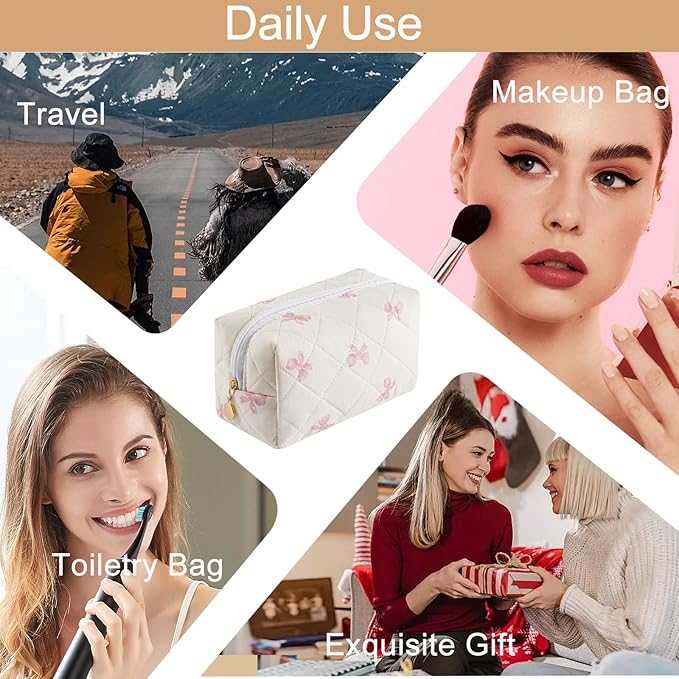 Makeup Bag Travel Cosmetic Bag for Women Girls, Zipper Make Up Pouch, Floral Flowers Toiletry Organizer Makeup, Portable Storage Bag, Cosmetic Travel Cloth Bag (Pink Bow Tie)