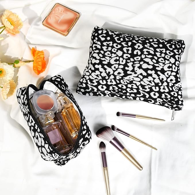 SOIDRAM 2 Pieces Leopard Print Makeup Bag Large Cosmetic Bag Capacity Canvas Mix Travel Toiletry Bag Organizer Cute Makeup Brushes Aesthetic Accessories Storage Bag for Women, Leopard Print Mix Black