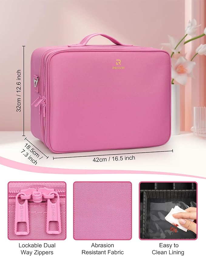 Relavel Extra Large Makeup Case Travel Train Case Professional Makeup Artist Bag Portable Nail Organizer Box Art Supply Case with Adjustable Dividers/Attach to Trolley/Shoulder Strap (Rose Pink)
