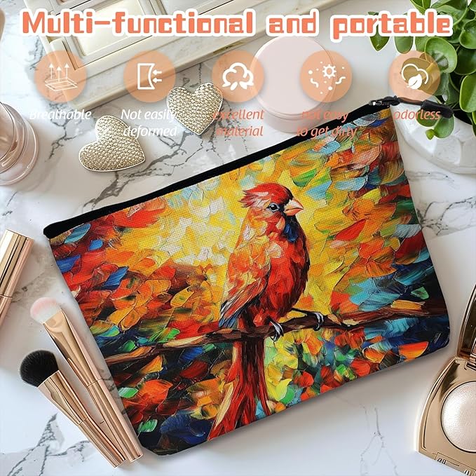 Cosmetic Bags Travel Makeup Toilet Case Waterproof Pouch for Women Girls 6.7X9.45inches - Red Bird Perched on Branch
