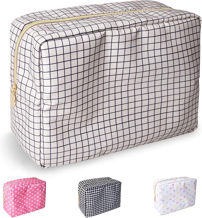Nylon Large Checkered Makeup Bag Travel Pouch for Women, Big Preppy Makeup Bag Cute Cosmetic Zipper Pouch Purse,Waterproof Toiletry Bag Clutch Makeup Brush Organizer Pouch for Ladies Girls(Checkered)