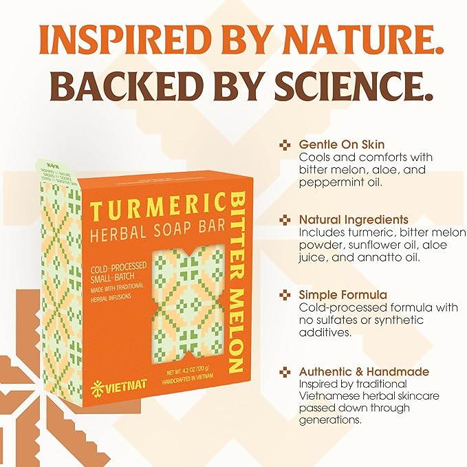 Turmeric & Bitter Melon 2-in-1 Luxurious Natural Soap Bar (4.2 oz) | Herbal Freshness & Gentle Refreshing Cleanse | Cold-Processed, Handmade in Vietnam (Pack of 1)