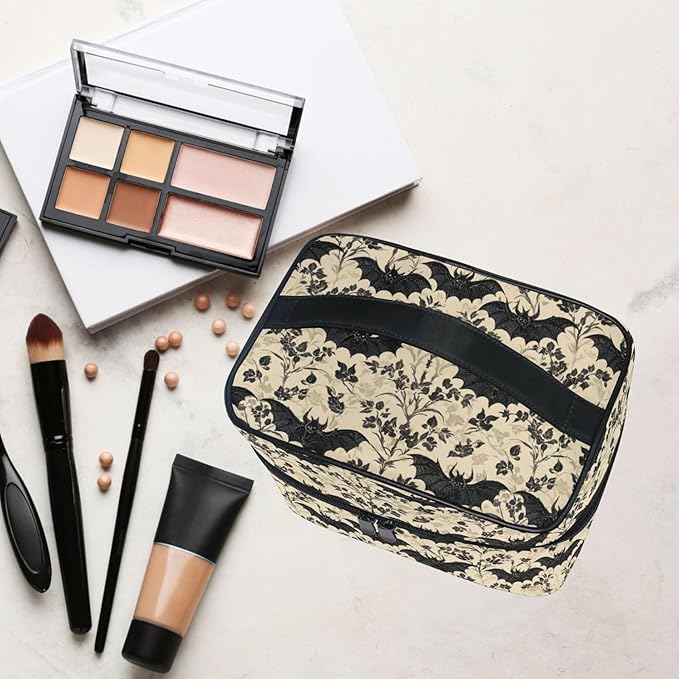 MNSRUU Makeup Bags, Bats and Flowers Vintage Makeup Organizer Bags Toiletry Bag Box Travel Cosmetic Bag Make Up Train Case for Women Teen Girl Ladies