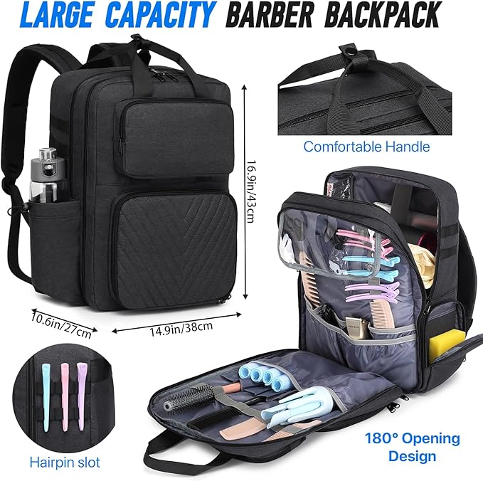 Barber Bag, Large Capacity Barber Case, Travel Hairdresser Organizer Supplies Bag, Hairstylist Backpack for Hair Cutting Tools
