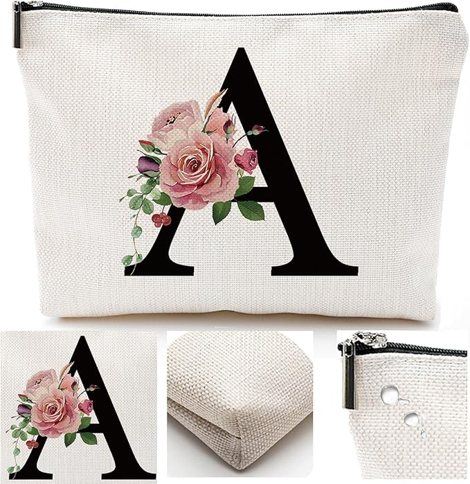 Initial A-Z Personalized Letter Makeup Bag, Monogrammed Bridesmaid Gifts/Presents Cosmetic Bag, Portable Stationery Storage Organizer Pouch, Friendship Love Travel Makeup Bags