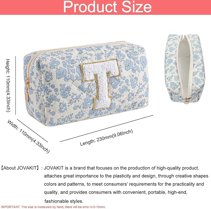 JOVAKIT Alphabet Makeup Bag Cosmetic Bag for Women, Christmas Gifts for Girls Age 6-18, Floral Flowers Coquette Travel Toiletry Zipper Make Up Pouch Organizer Trendy Stuff (Blue Floral T)