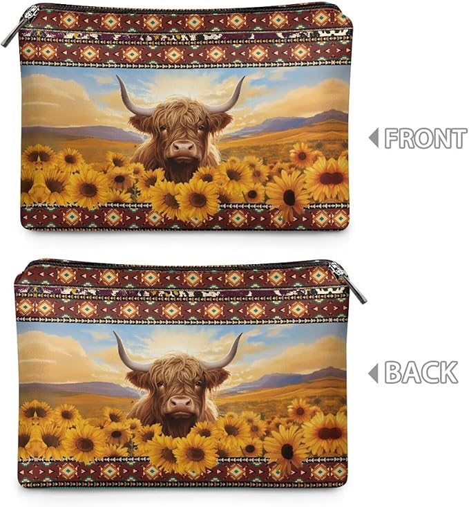 COEQINE Sunflower Purse Leather Cosmetic Wallet for Women Western Party Bag Elehant Cosmetic Pouch With Zipper Cute Highland Cow Purses Cosmetic Wallet for Travel Birthday Party