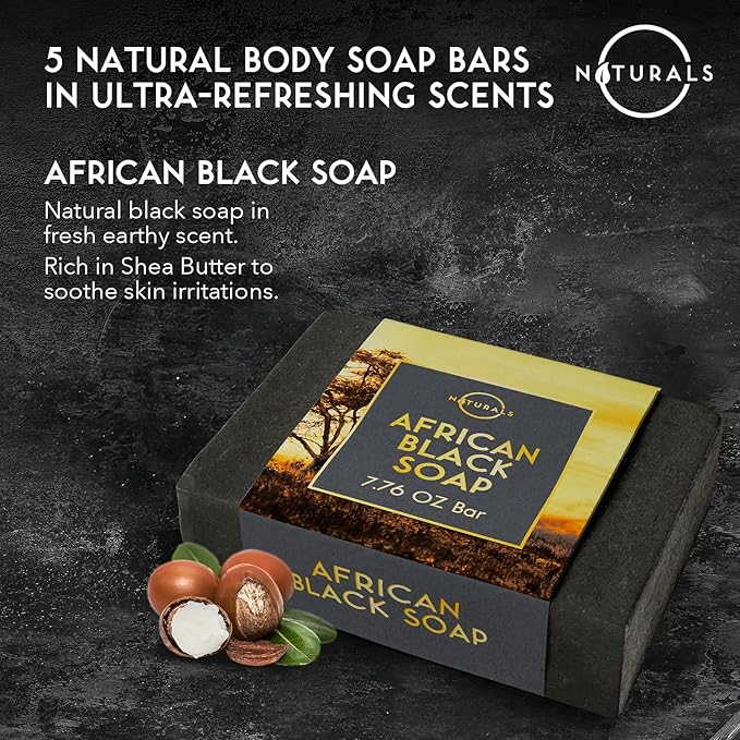 O Naturals 5PC Mens Soap Gift Sets, Gifts for Men, Organic Bar Soap for Men, Mens Gift Set Exfoliating Soap Cedarwood & Mint, Mens Bar Soap in Citrus, Olive Oil, African Black Soap, Soap Gifts For Men